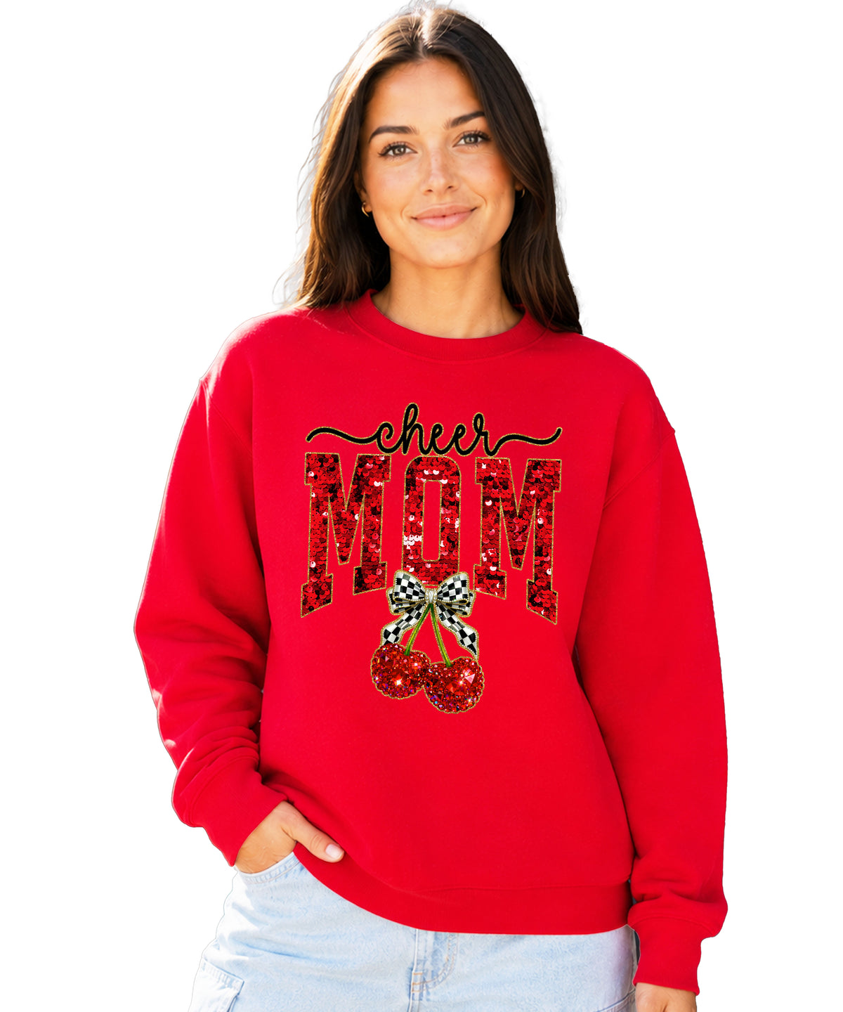 Red Cheerleader Mom crewneck sweatshirt with ink-printed faux sequin cheer script, MOM lettering and cherry coquette bow, close-up of the ink-printed design