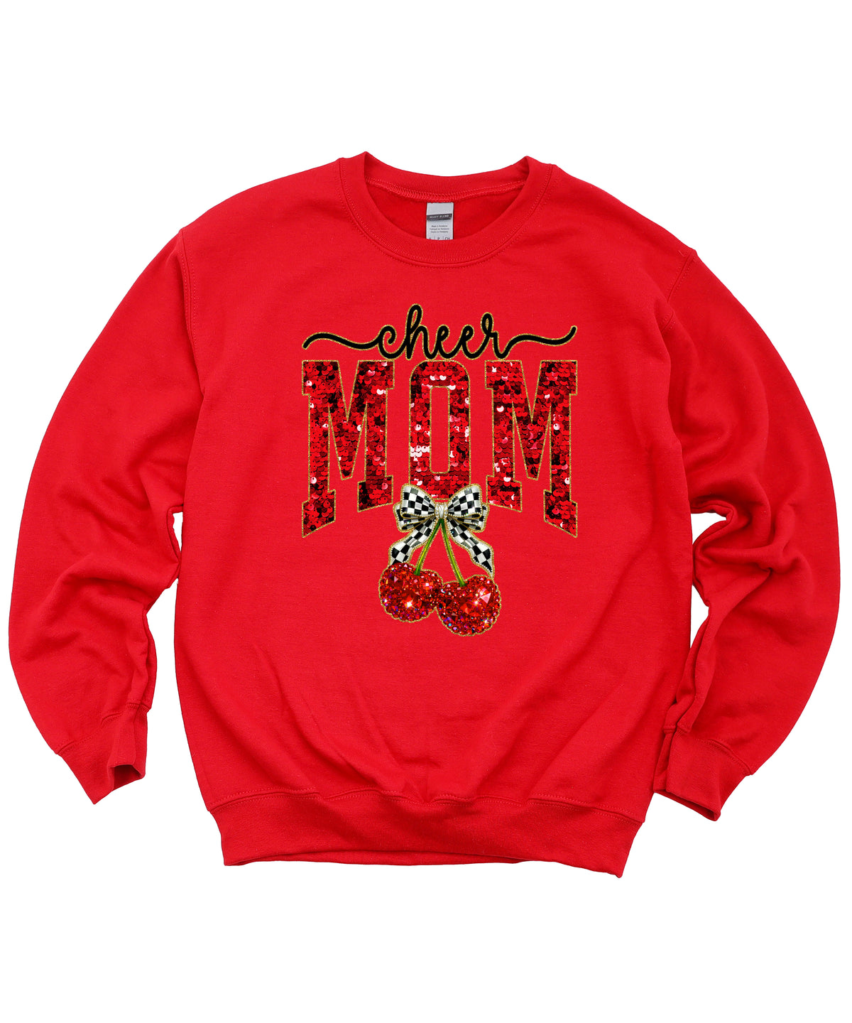 Red Cheerleader Mom crewneck sweatshirt with ink-printed faux sequin cheer script, MOM lettering and cherry coquette bow, flat lay view