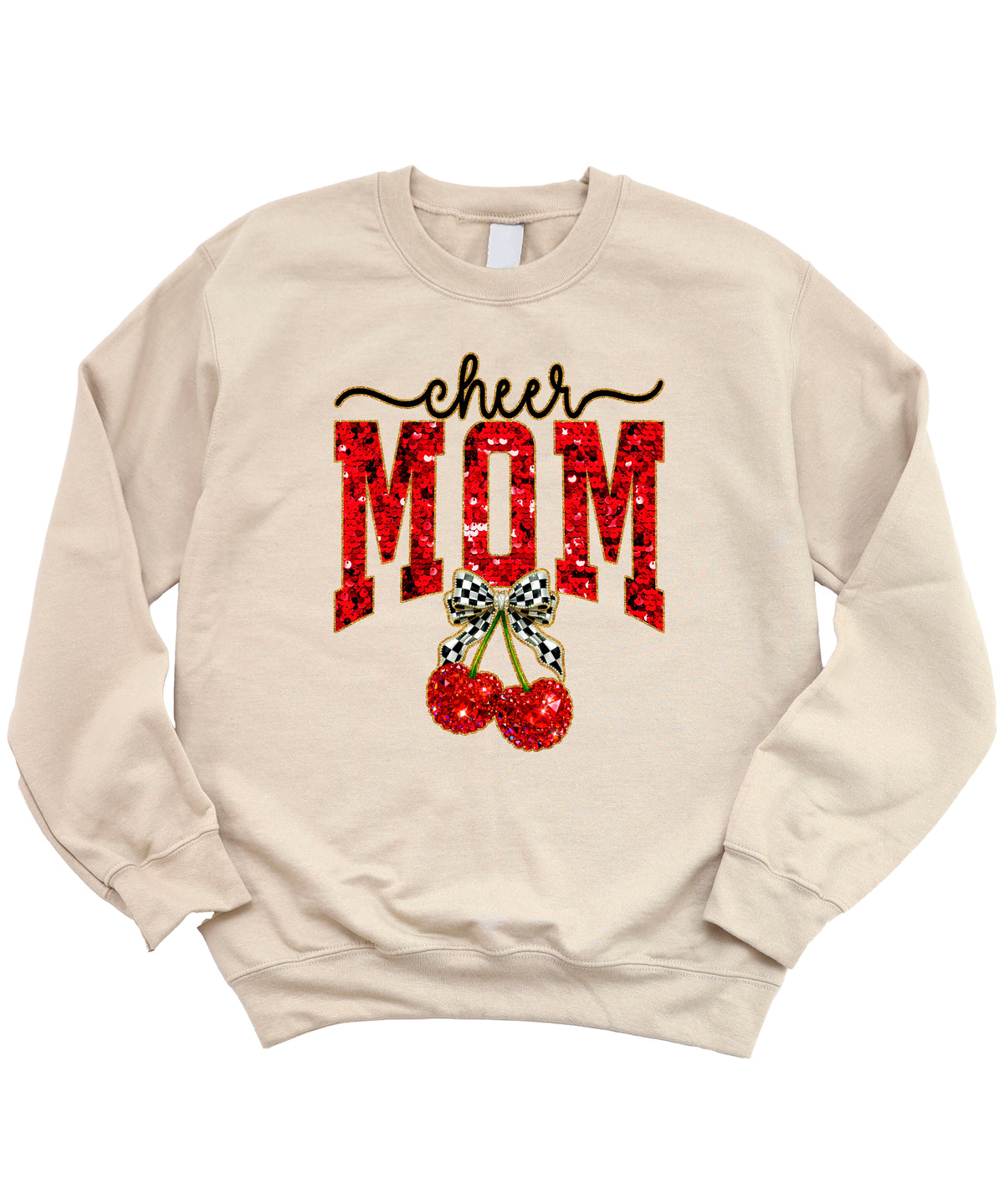 Sand Cheerleader Mom crewneck sweatshirt with ink-printed faux sequin cheer script, MOM lettering and cherry coquette bow, flat lay view