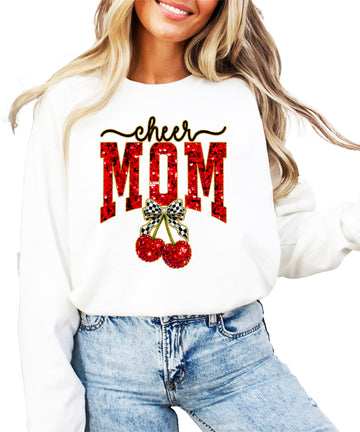 White Cheerleader Mom crewneck sweatshirt with ink-printed faux sequin cheer script, MOM lettering and cherry coquette bow, front view