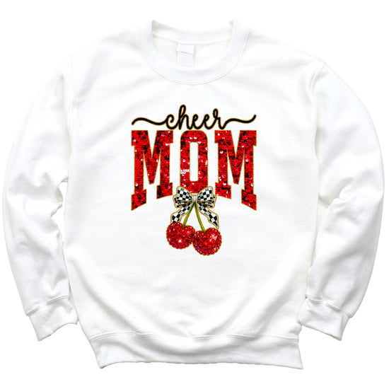 White Cheerleader Mom crewneck sweatshirt with ink-printed faux sequin cheer script, MOM lettering and cherry coquette bow, flat lay view