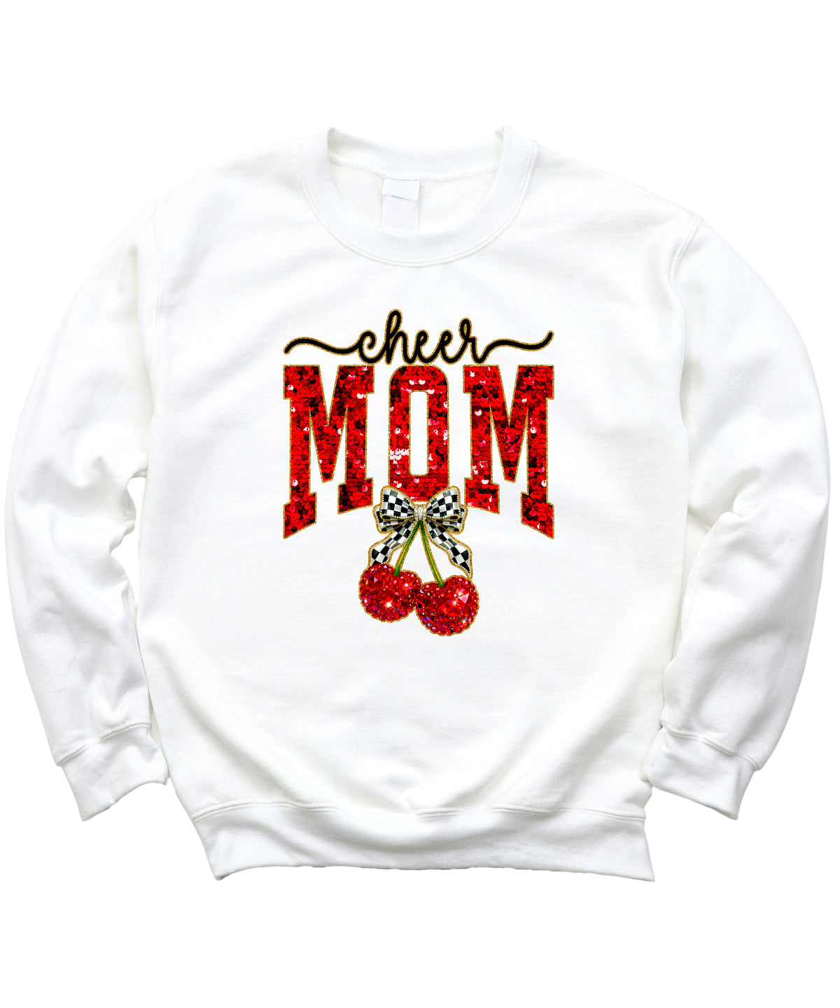 White Cheerleader Mom crewneck sweatshirt with ink-printed faux sequin cheer script, MOM lettering and cherry coquette bow, flat lay view