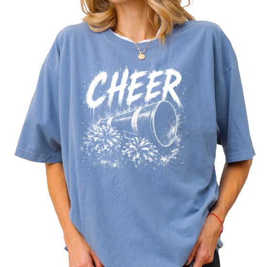 Cheer megaphone and pom poms graphic tee in Blue Jean, detail view