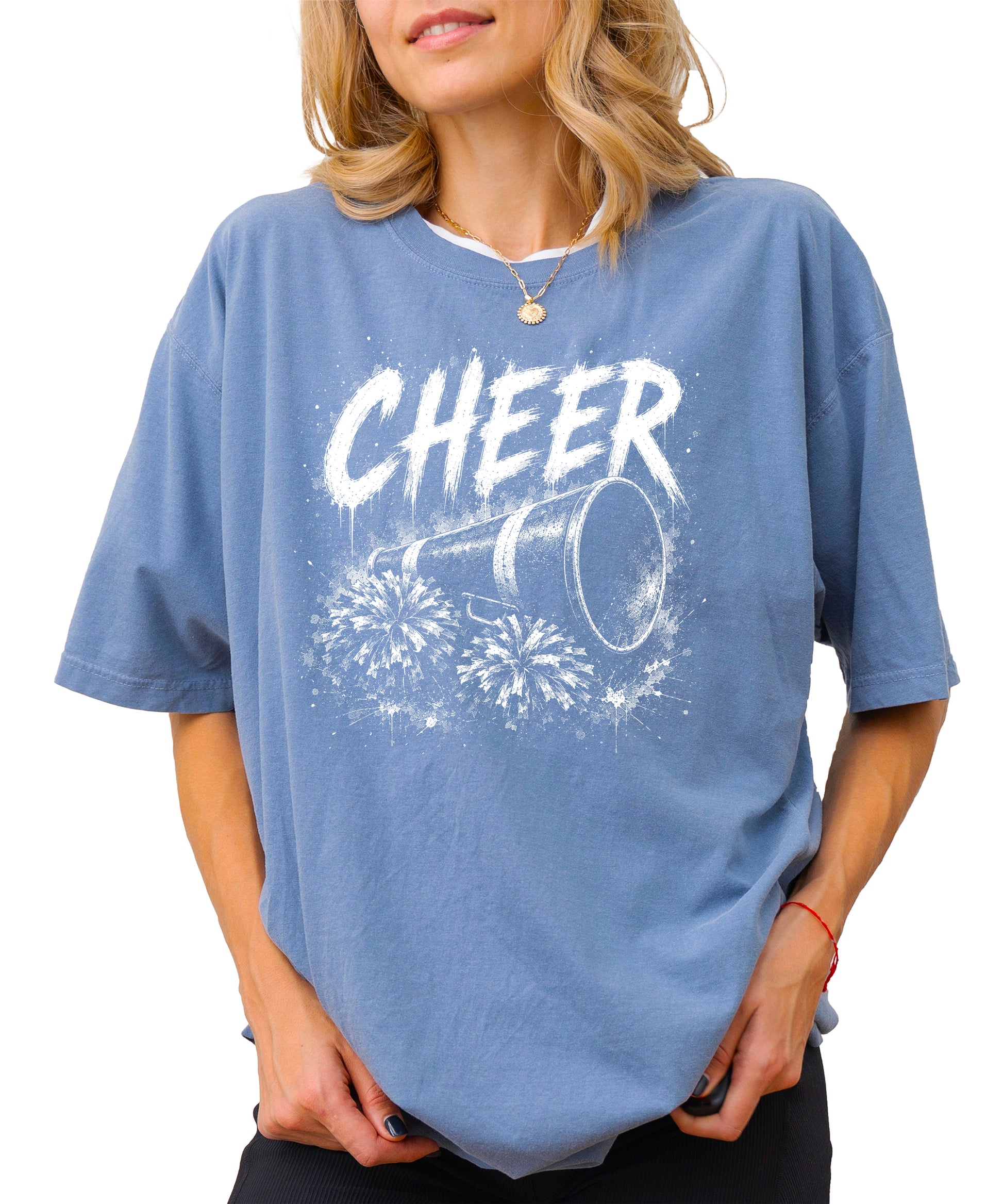 Cheer megaphone and pom poms graphic tee in Blue Jean, detail view