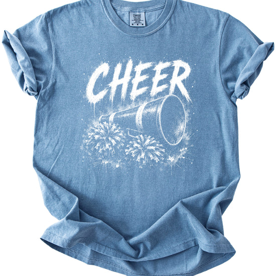 Cheer megaphone and pom poms graphic tee in Blue Jean, styled view