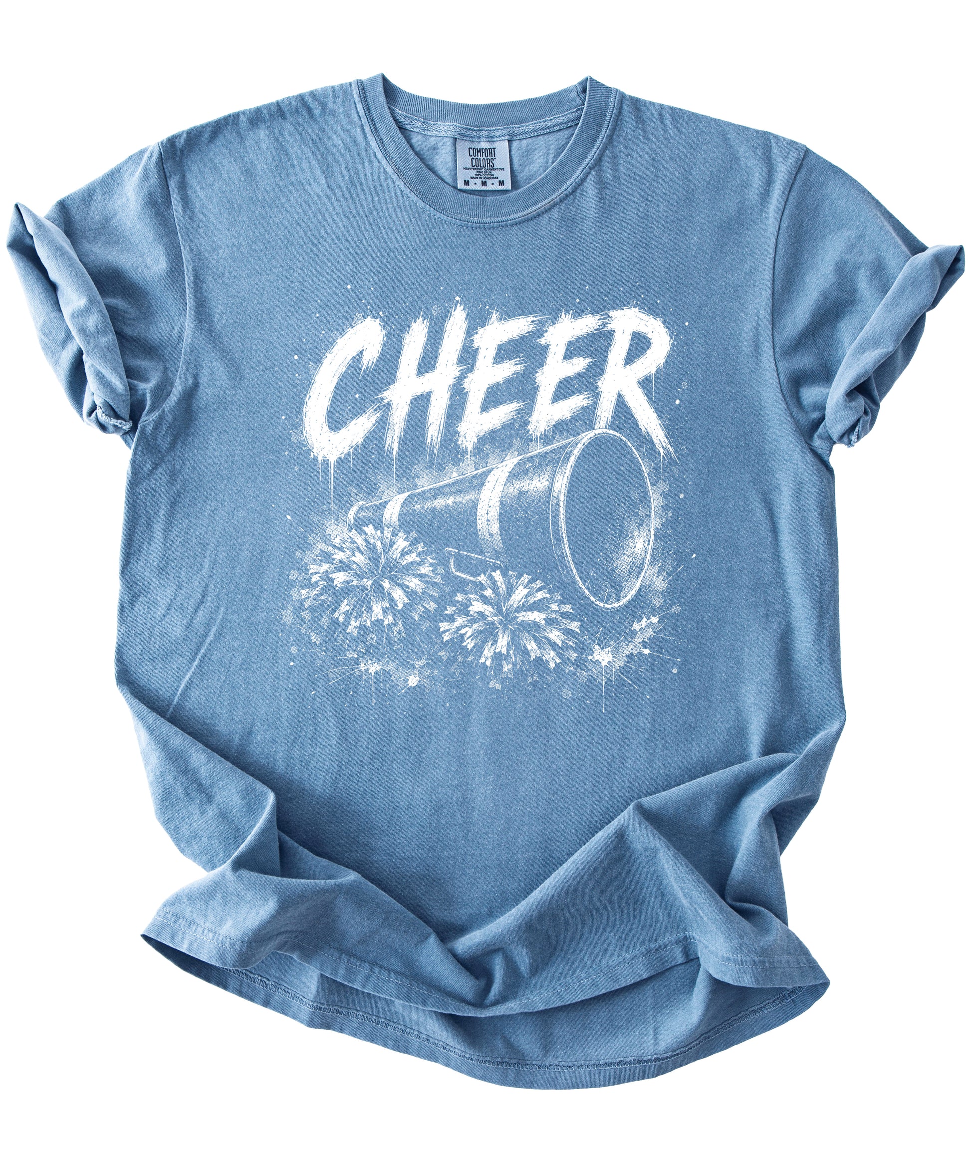 Cheer megaphone and pom poms graphic tee in Blue Jean, styled view