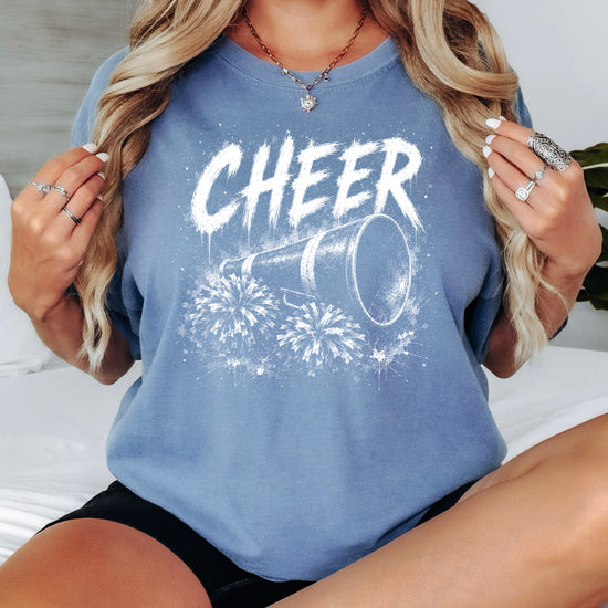 Cheer megaphone and pom poms graphic tee in Blue Jean, lifestyle view