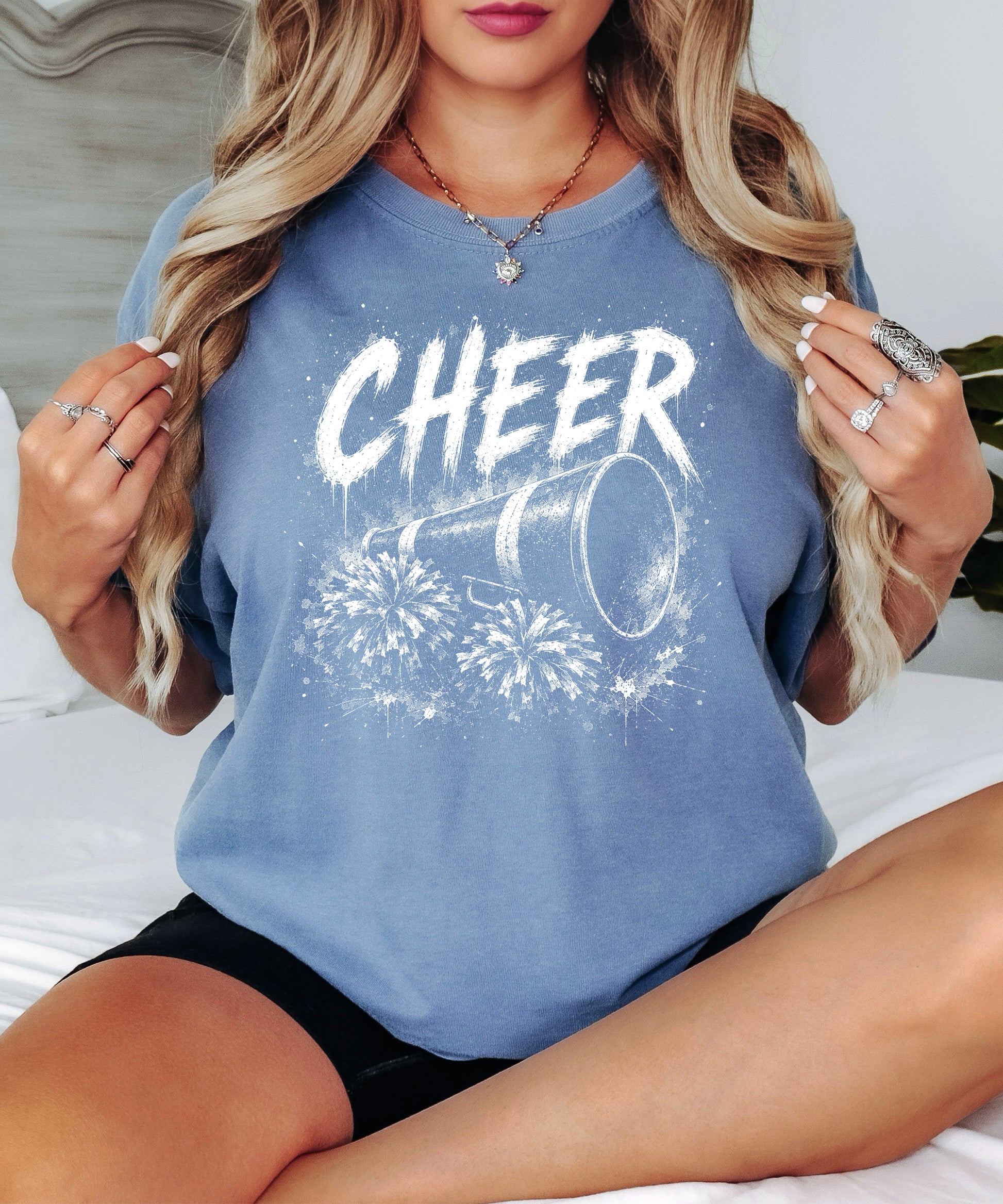 Cheer megaphone and pom poms graphic tee in Blue Jean, lifestyle view
