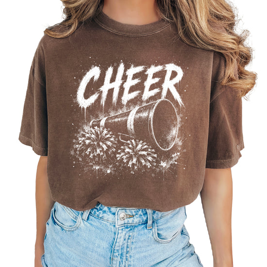 Cheer megaphone and pom poms graphic tee in Espresso, front view