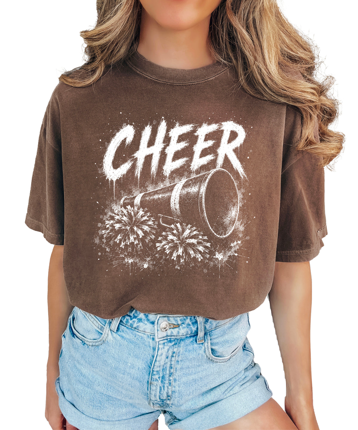 Cheer megaphone and pom poms graphic tee in Espresso, front view