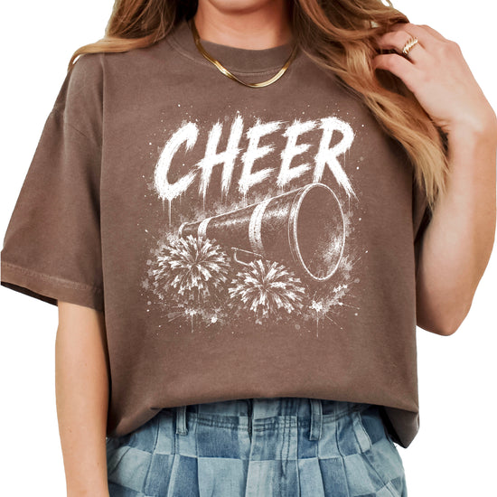 Cheer megaphone and pom poms graphic tee in Espresso, detail view