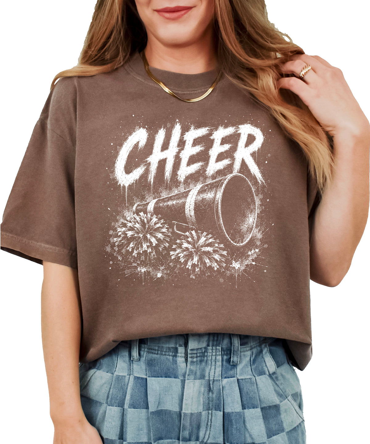 Cheer megaphone and pom poms graphic tee in Espresso, detail view