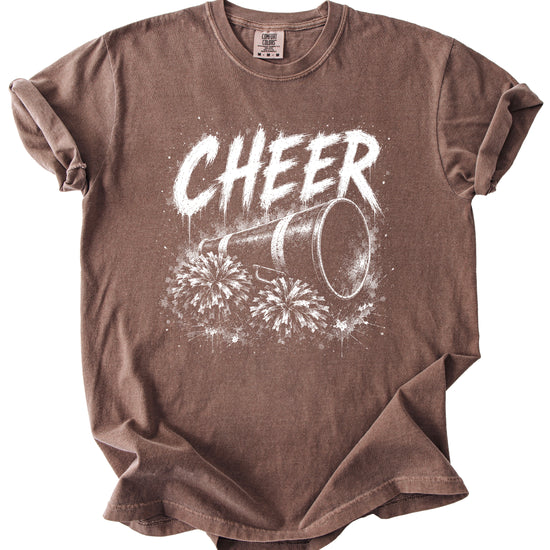 Cheer megaphone and pom poms graphic tee in Espresso, styled view
