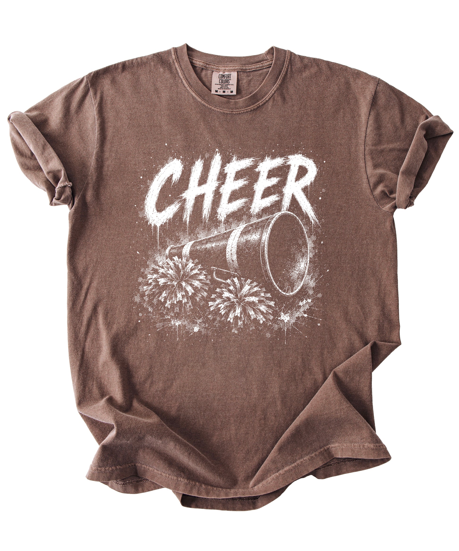 Cheer megaphone and pom poms graphic tee in Espresso, styled view