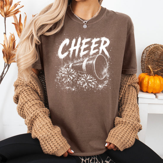 Cheer megaphone and pom poms graphic tee in Espresso, lifestyle view