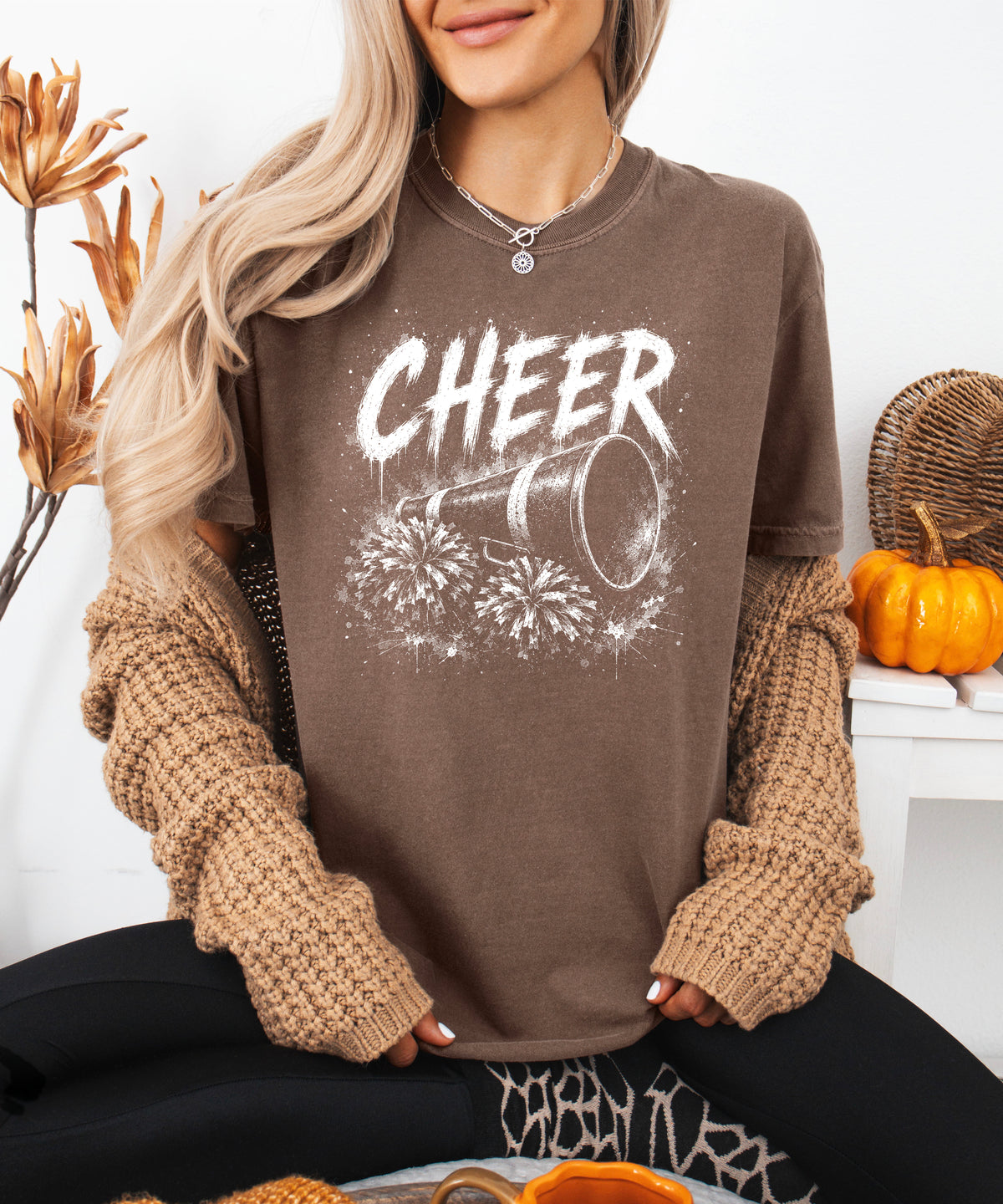 Cheer megaphone and pom poms graphic tee in Espresso, lifestyle view
