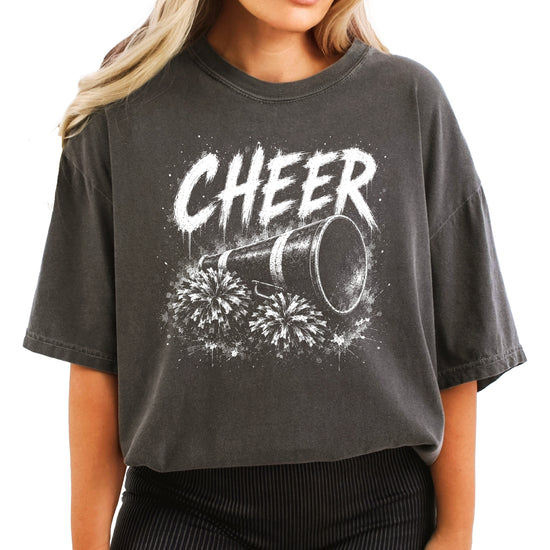 Cheer megaphone and pom poms graphic tee in Pepper, front view