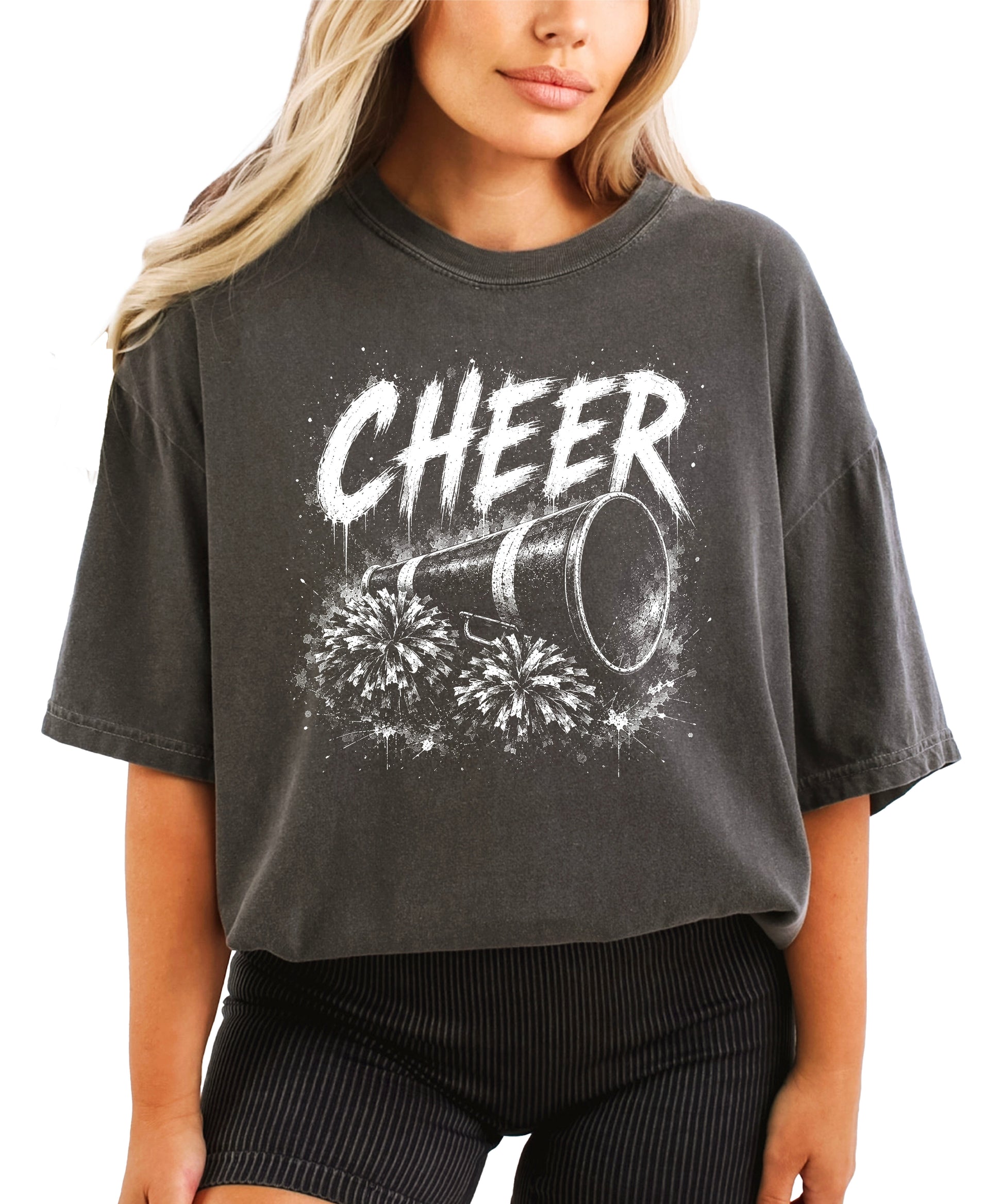 Cheer megaphone and pom poms graphic tee in Pepper, front view