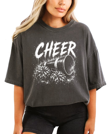 Cheer megaphone and pom poms graphic tee in Pepper, front view