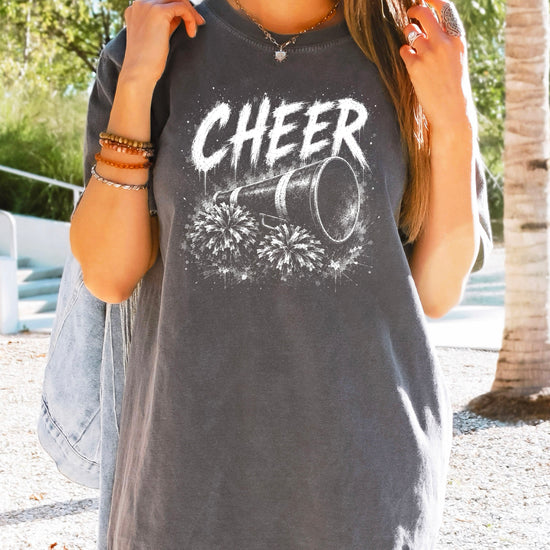 Cheer megaphone and pom poms graphic tee in Pepper, lifestyle view