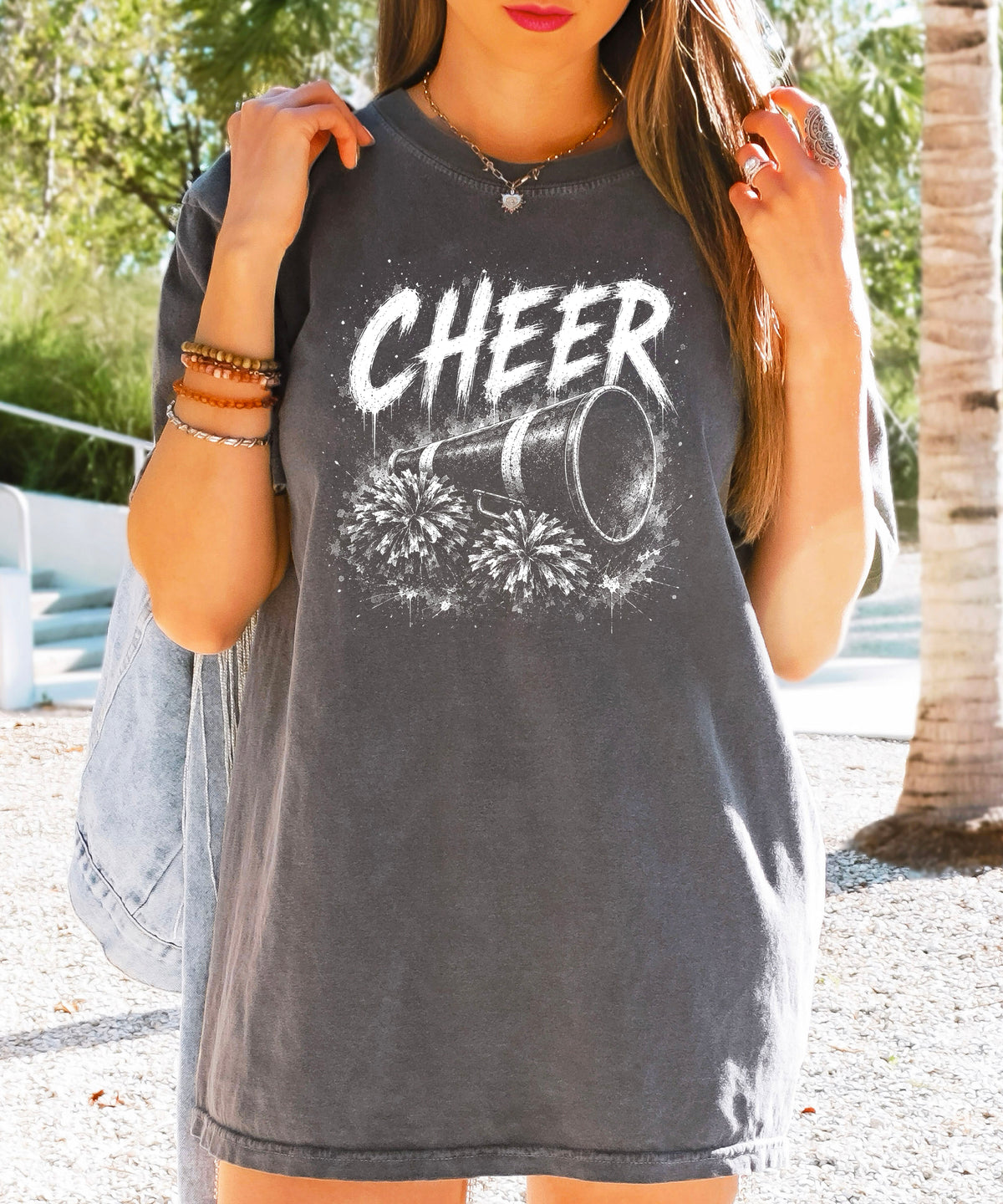 Cheer megaphone and pom poms graphic tee in Pepper, lifestyle view