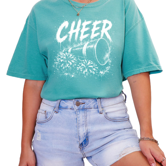 Cheer megaphone and pom poms graphic tee in Seafoam, front view