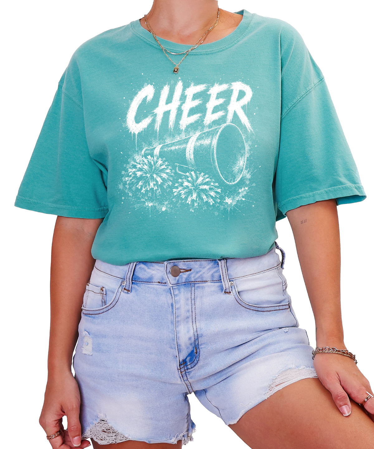 Cheer megaphone and pom poms graphic tee in Seafoam, front view