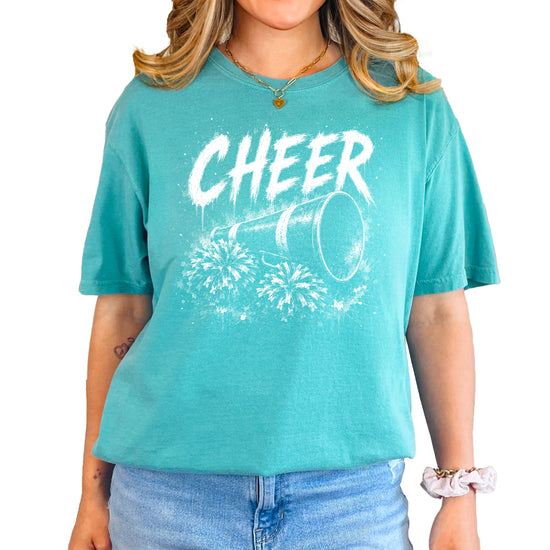 Cheer megaphone and pom poms graphic tee in Seafoam, detail view