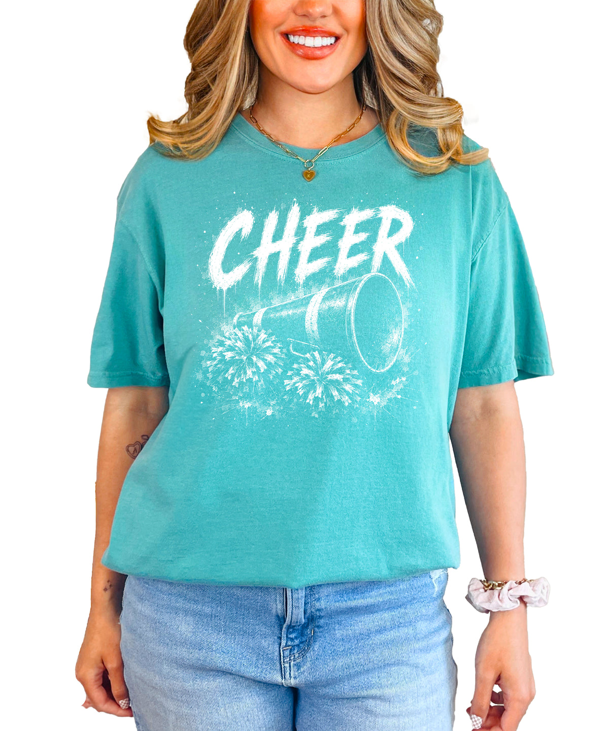 Cheer megaphone and pom poms graphic tee in Seafoam, detail view