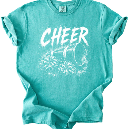Cheer megaphone and pom poms graphic tee in Seafoam, styled view
