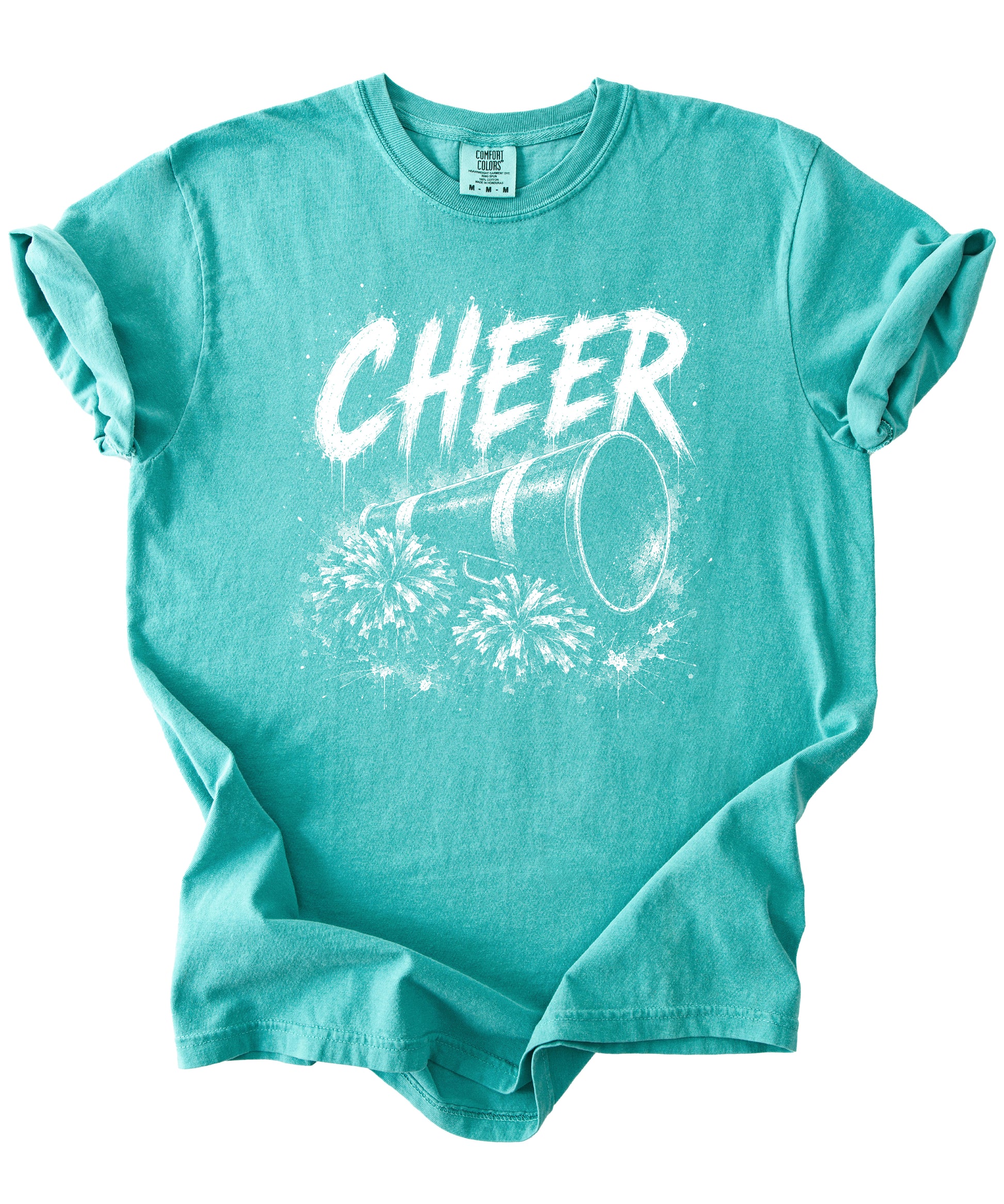 Cheer megaphone and pom poms graphic tee in Seafoam, styled view