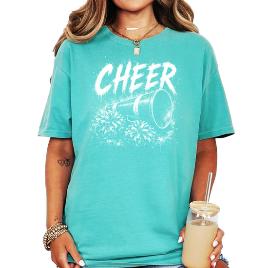 Cheer megaphone and pom poms graphic tee in Seafoam, lifestyle view