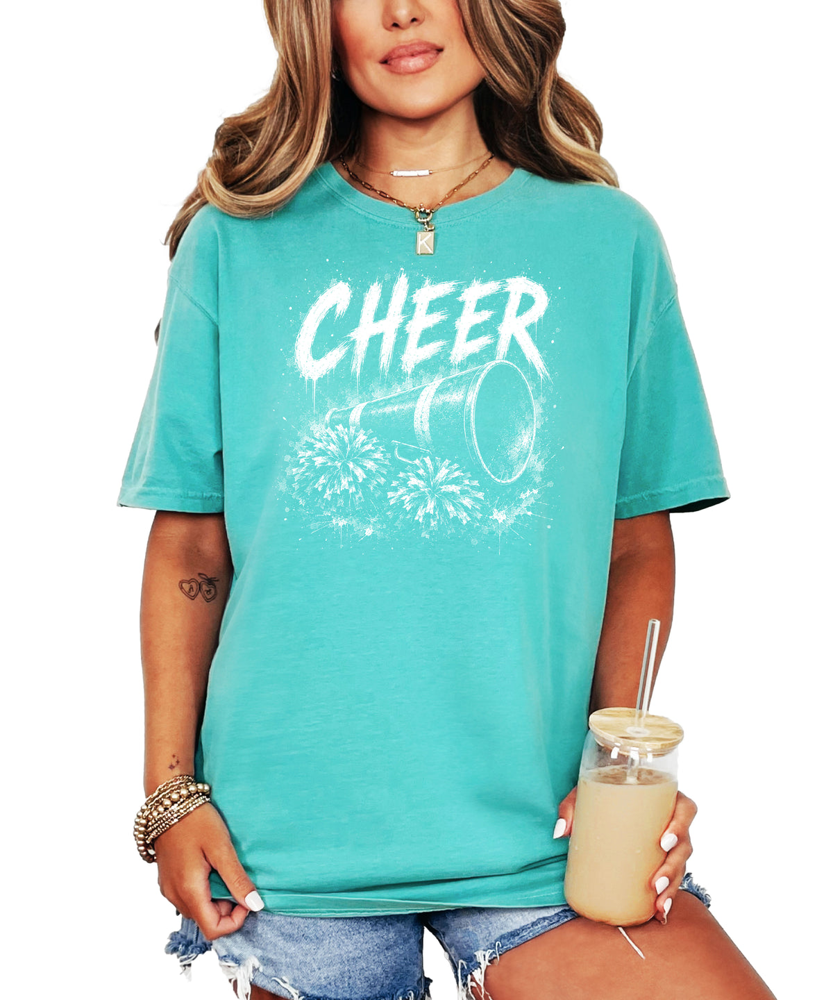 Cheer megaphone and pom poms graphic tee in Seafoam, lifestyle view