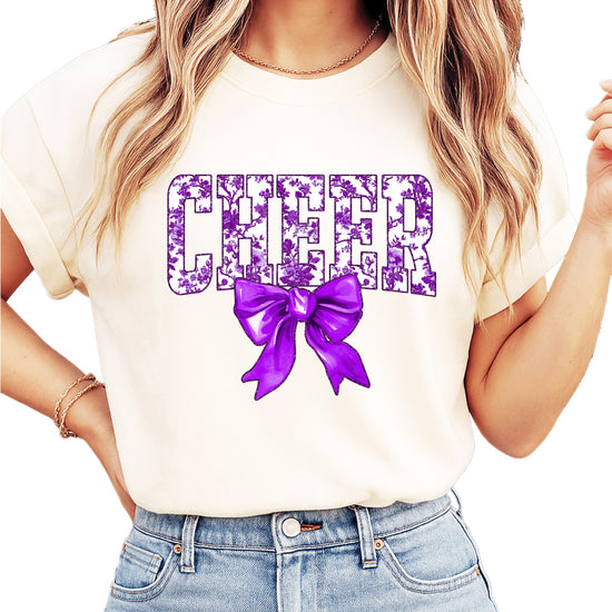 Cheer purple floral coquette bow shirt, Ivory Comfort Colors tee, front