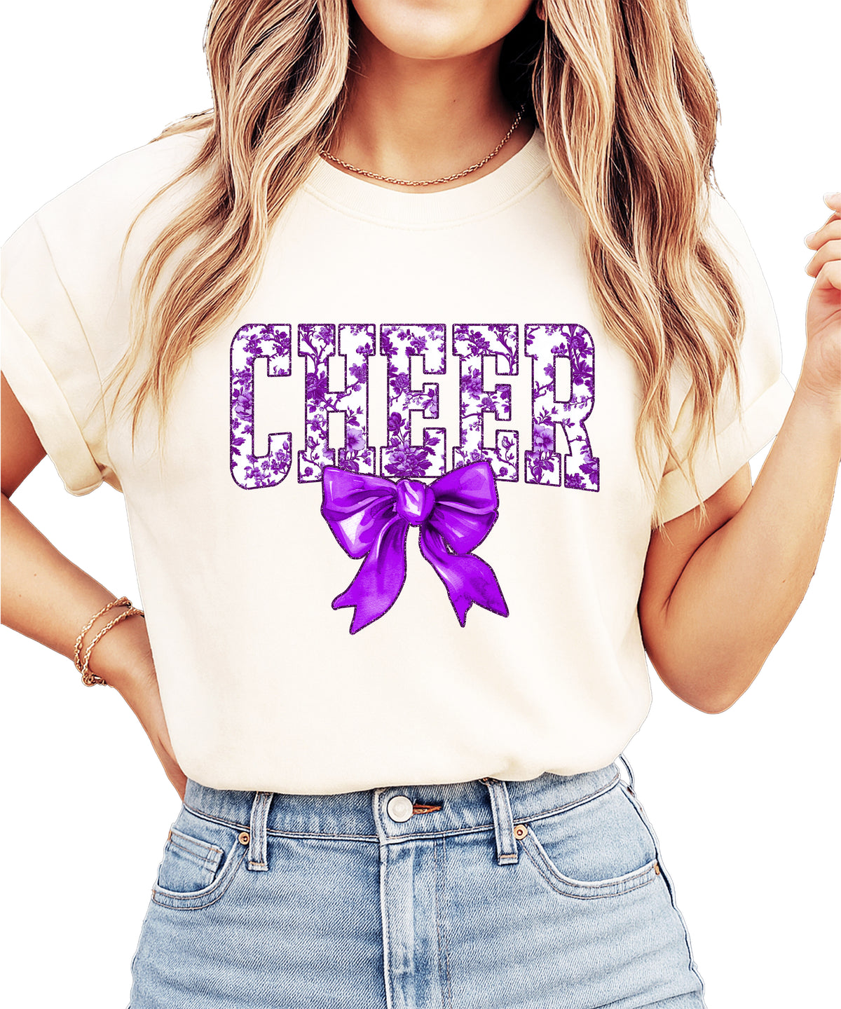 Cheer purple floral coquette bow shirt, Ivory Comfort Colors tee, front