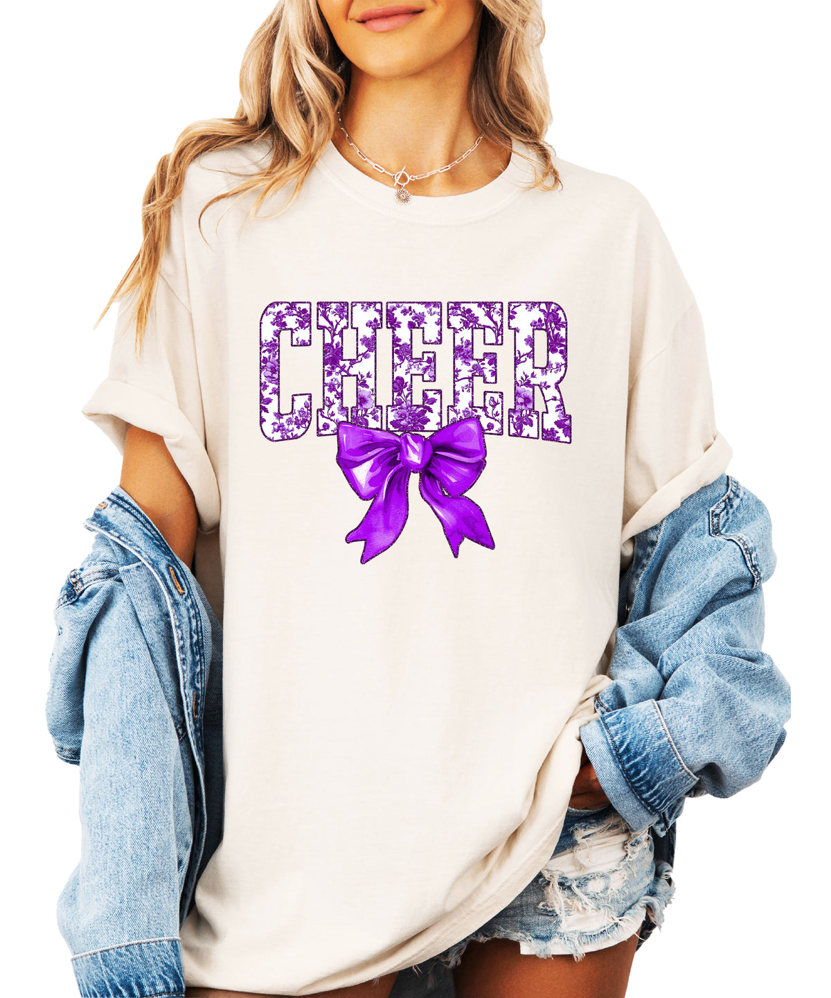 Cheer purple floral coquette bow shirt, Ivory, view 3