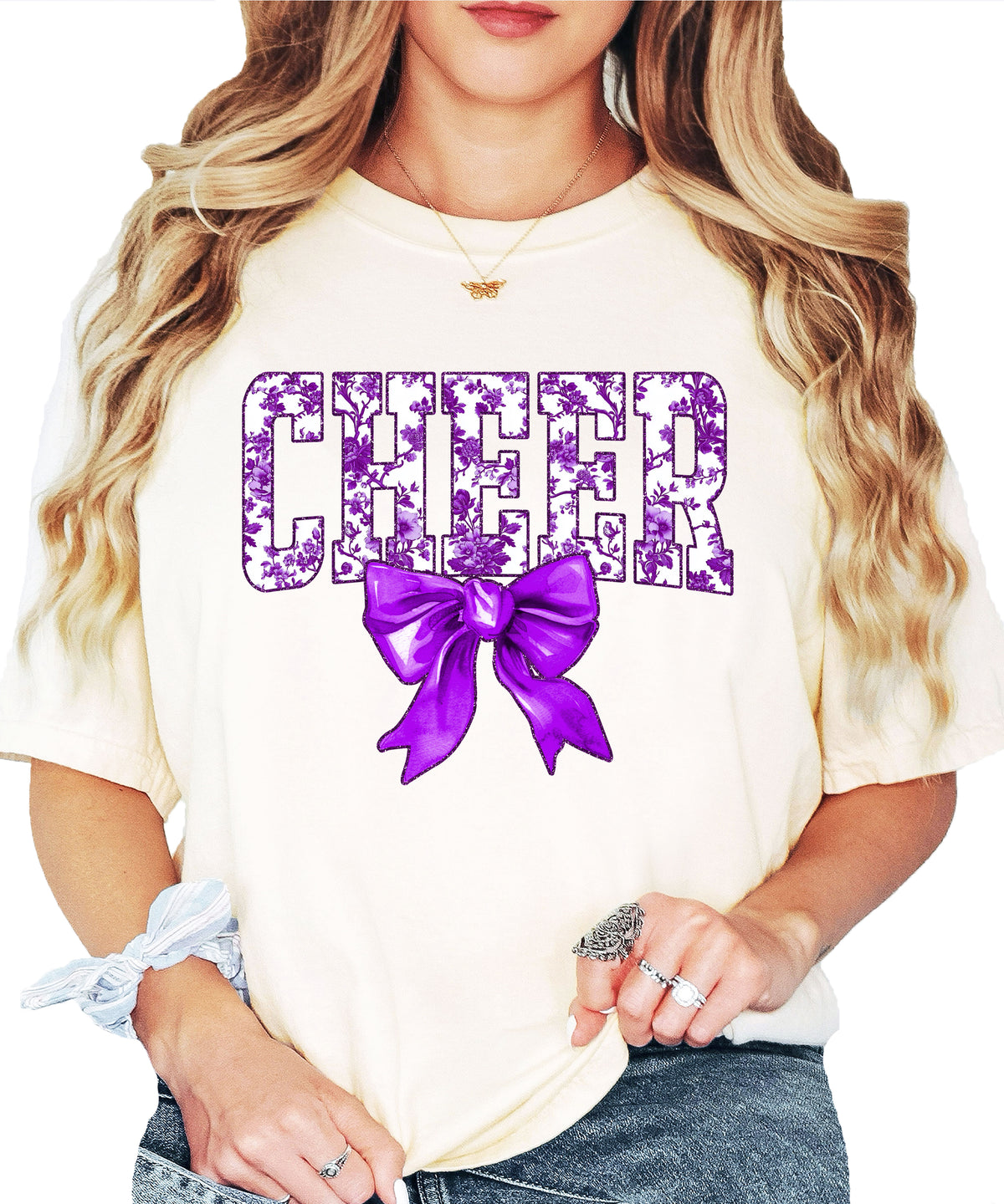 Cheer purple floral coquette bow shirt, Ivory, view 4
