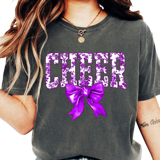 Cheer purple floral coquette bow shirt, Pepper Comfort Colors tee, front