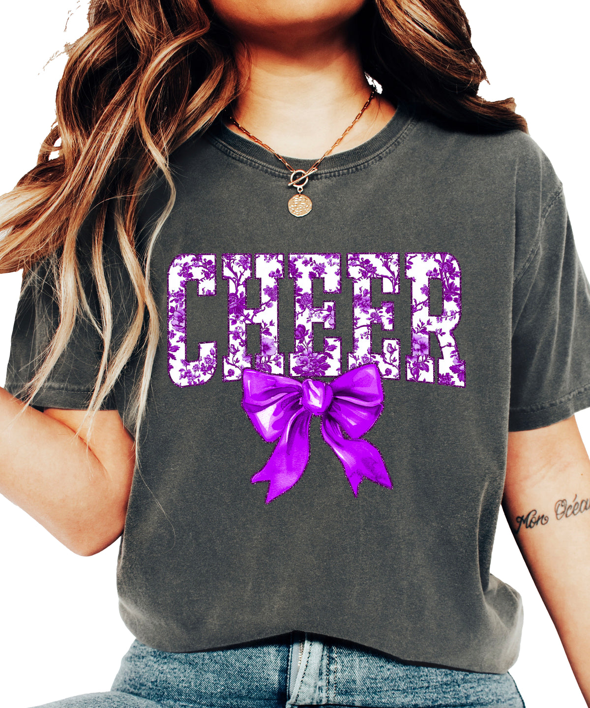 Cheer purple floral coquette bow shirt, Pepper Comfort Colors tee, front