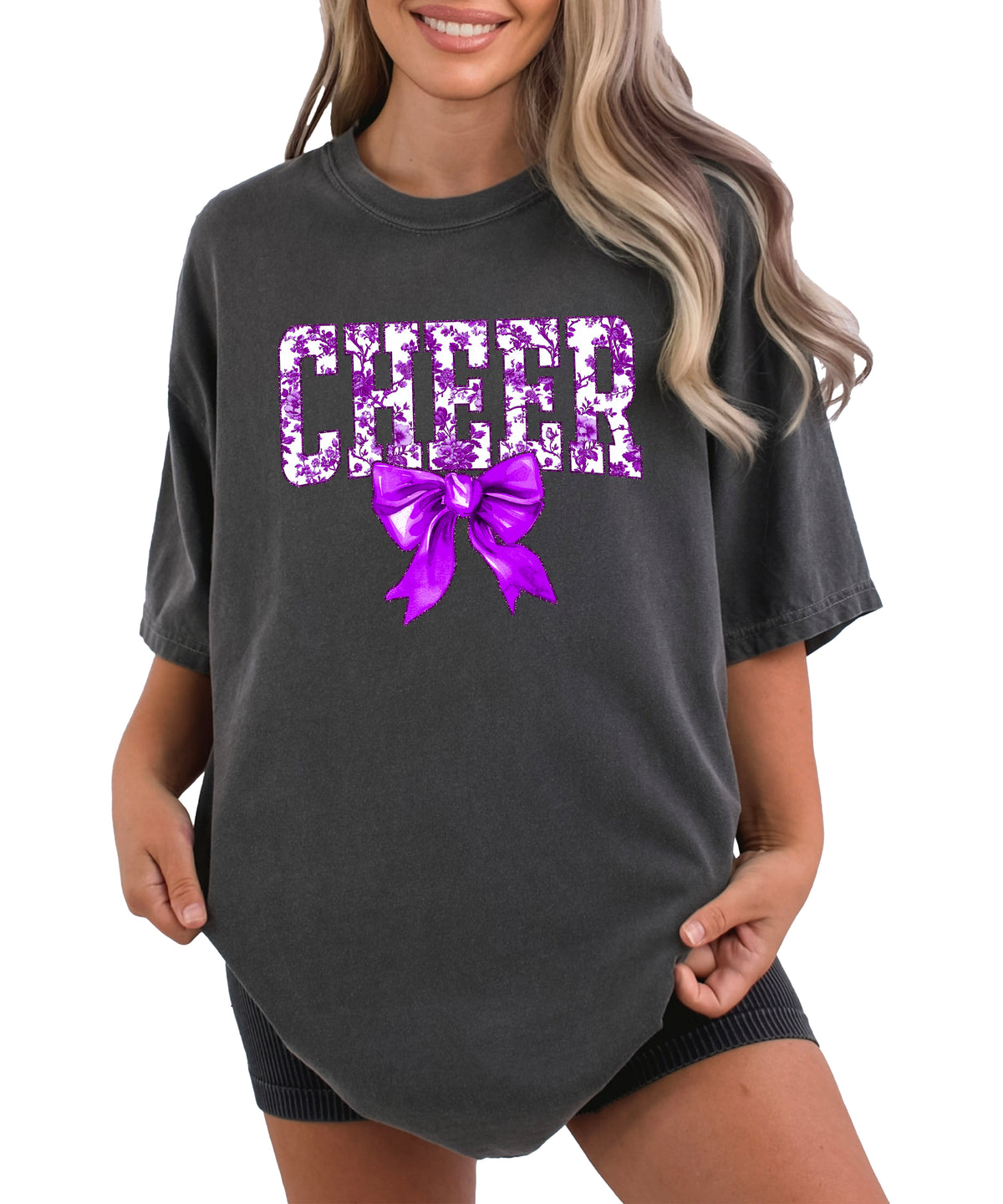 Cheer purple floral coquette bow shirt, Pepper, view 3