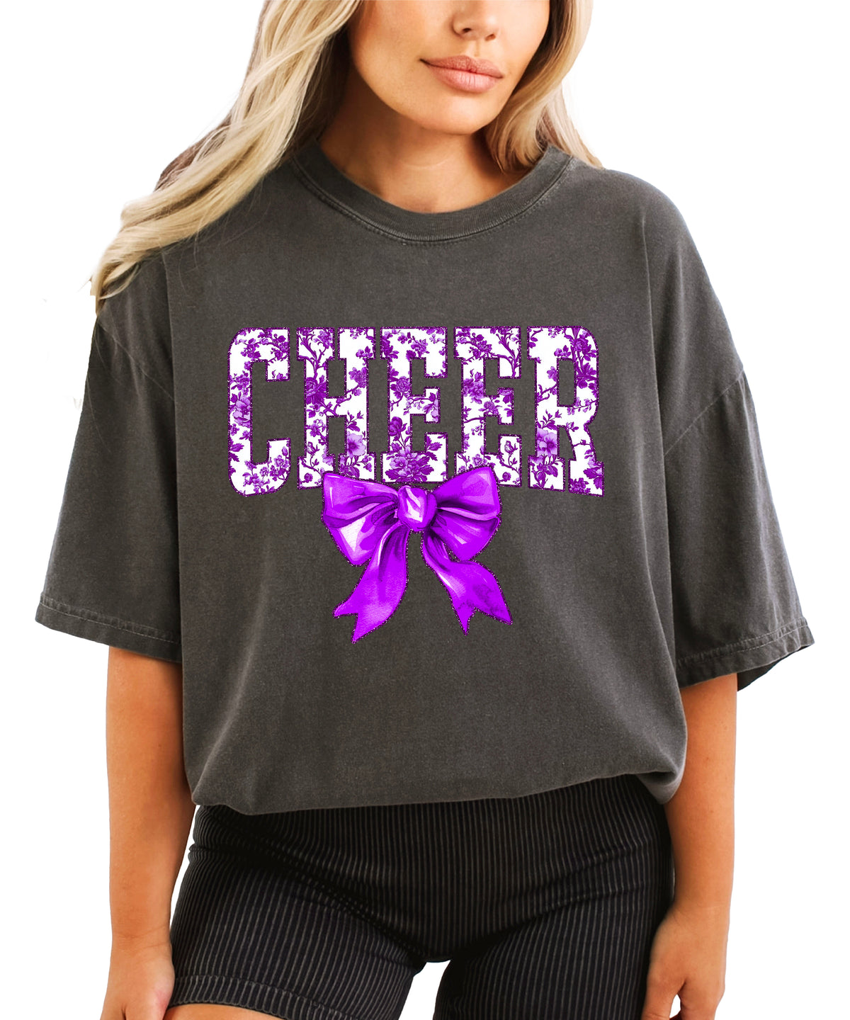 Cheer purple floral coquette bow shirt, Pepper, view 4