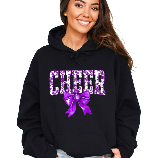 Ink-printed purple floral CHEER coquette bow hoodie for women, Black, image 1