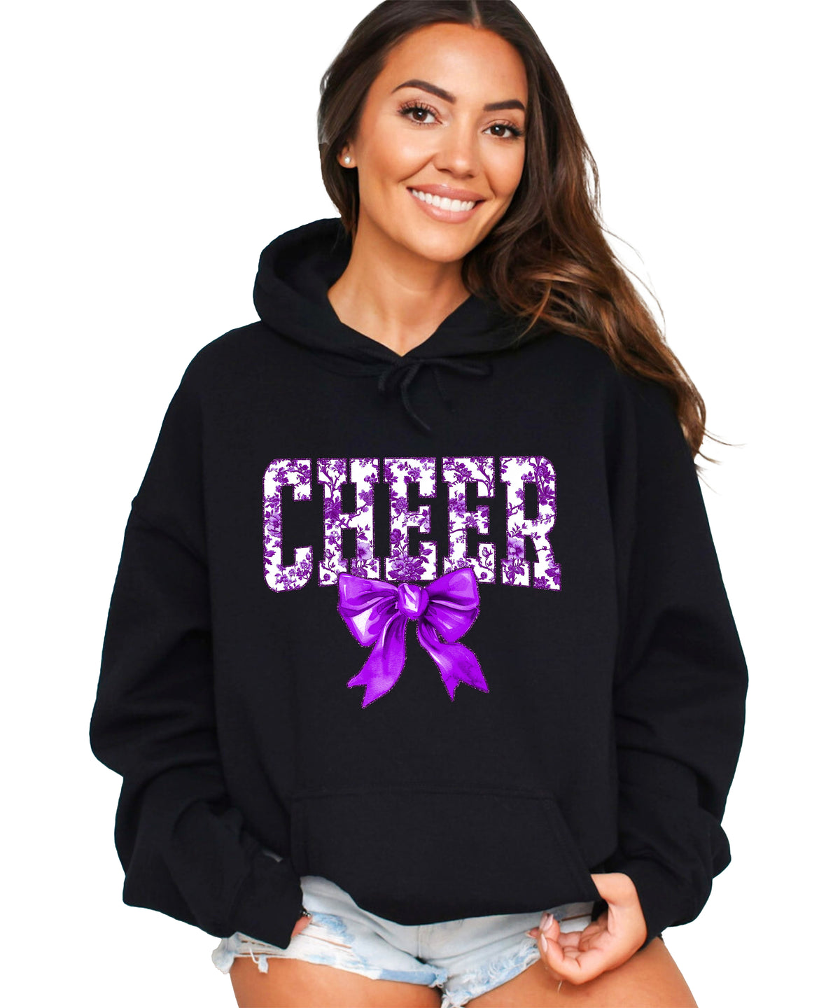 Ink-printed purple floral CHEER coquette bow hoodie for women, Black, image 1