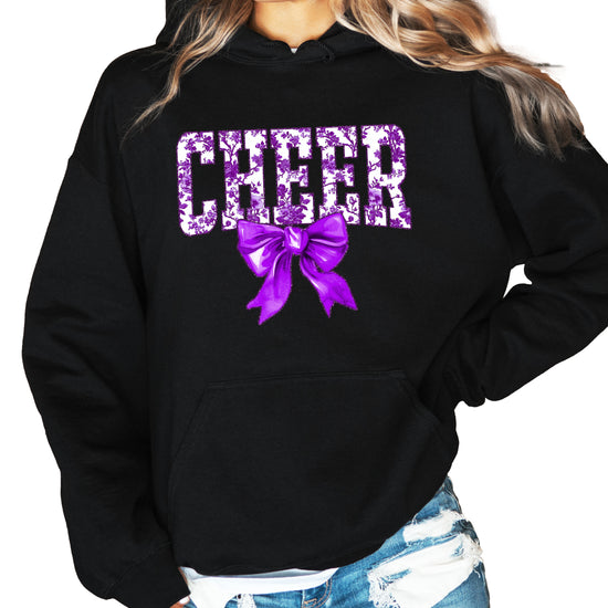 Ink-printed purple floral CHEER coquette bow hoodie for women, Black, image 2