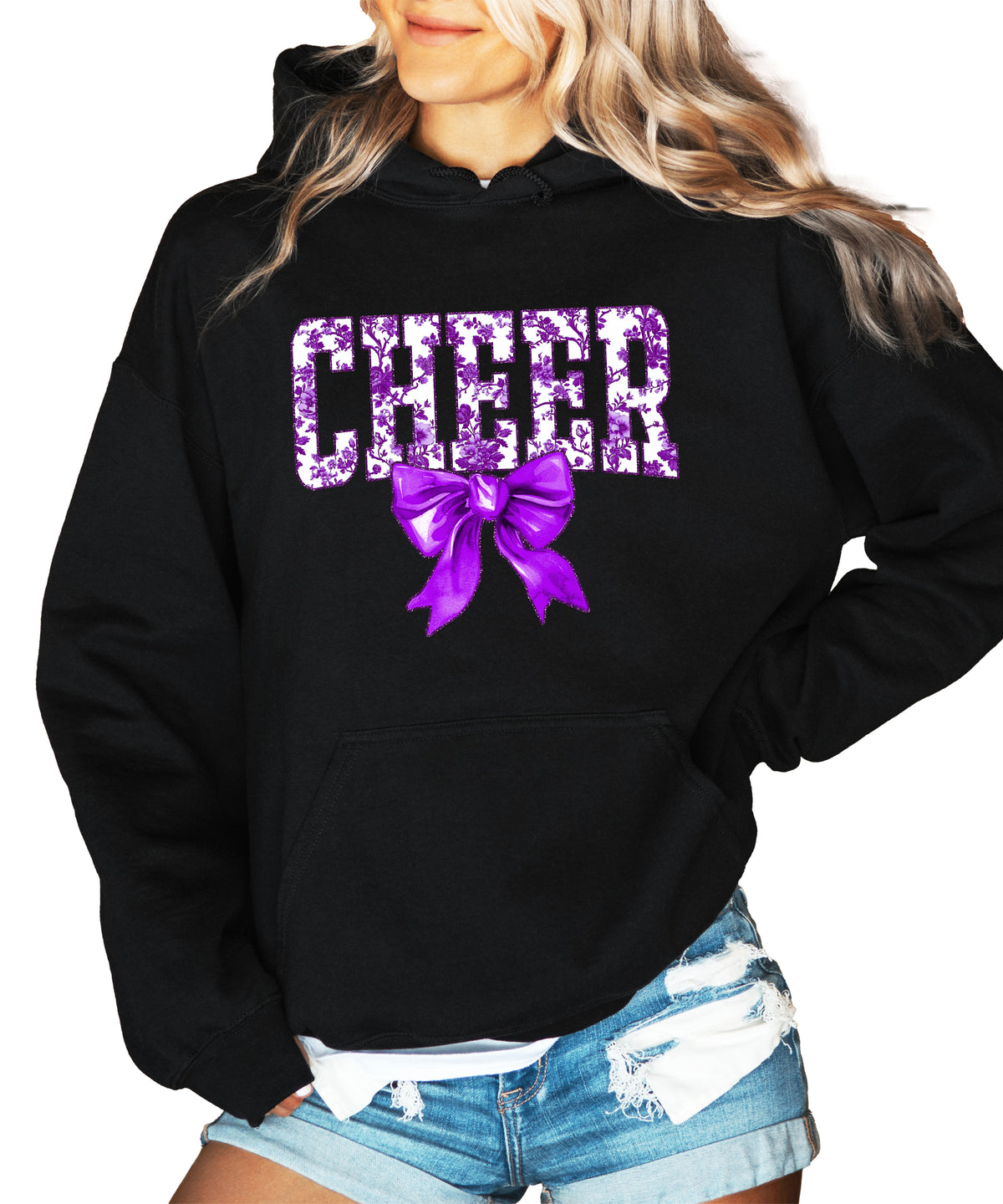 Ink-printed purple floral CHEER coquette bow hoodie for women, Black, image 2