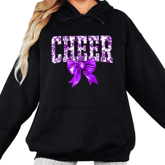 Ink-printed purple floral CHEER coquette bow hoodie for women, Black, image 3