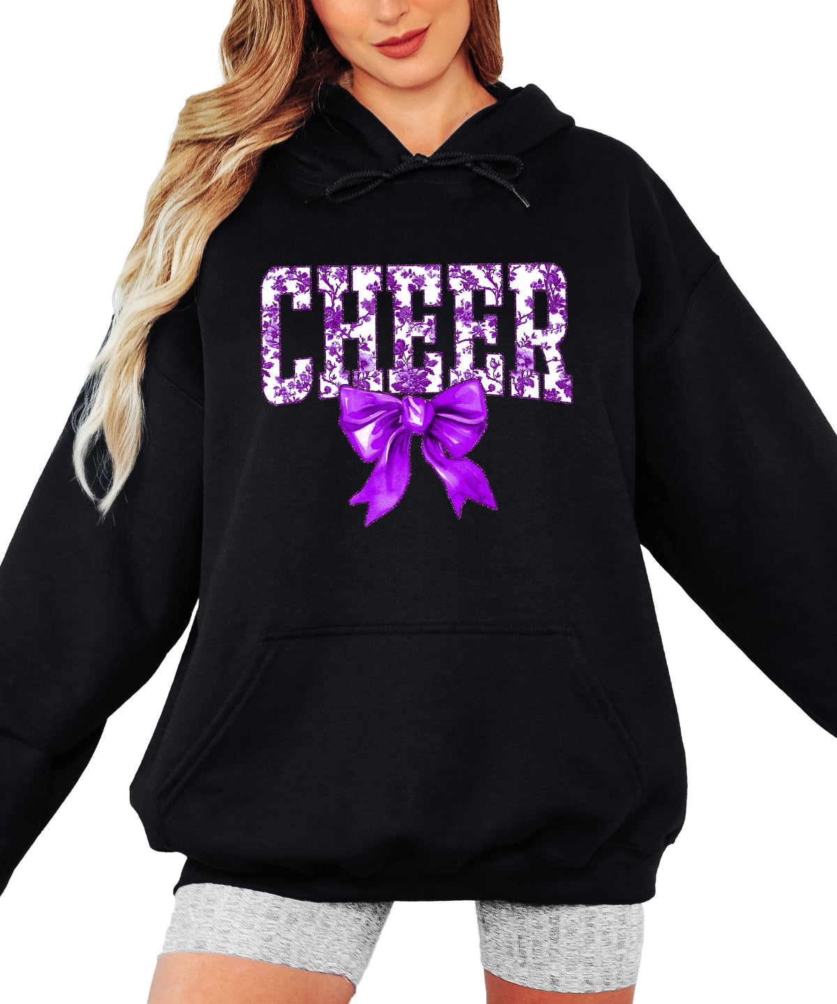 Ink-printed purple floral CHEER coquette bow hoodie for women, Black, image 3