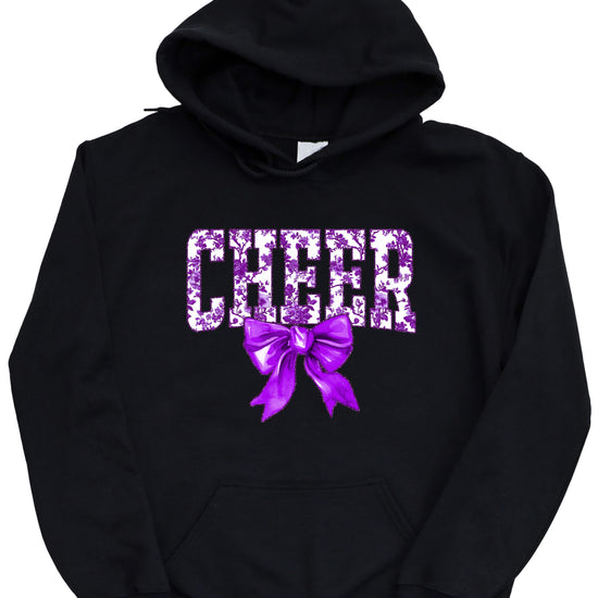 Ink-printed purple floral CHEER coquette bow hoodie for women, Black, image 4