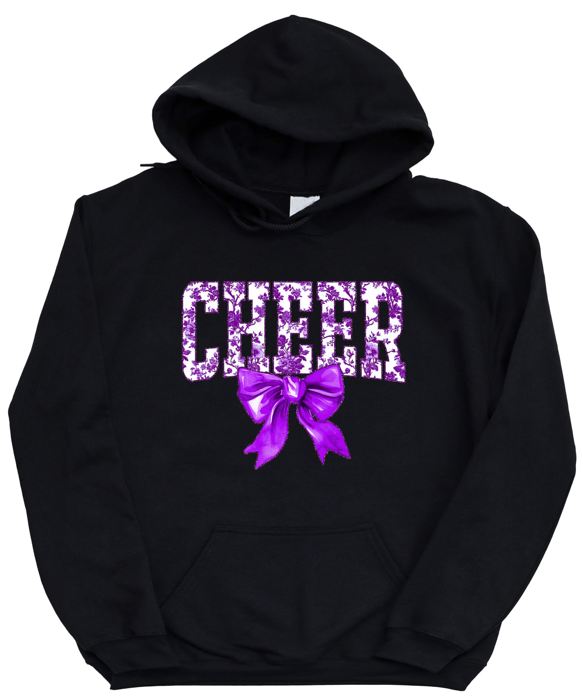 Ink-printed purple floral CHEER coquette bow hoodie for women, Black, image 4
