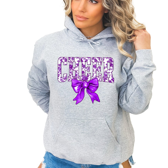 Ink-printed purple floral CHEER coquette bow hoodie for women, Gray, image 1